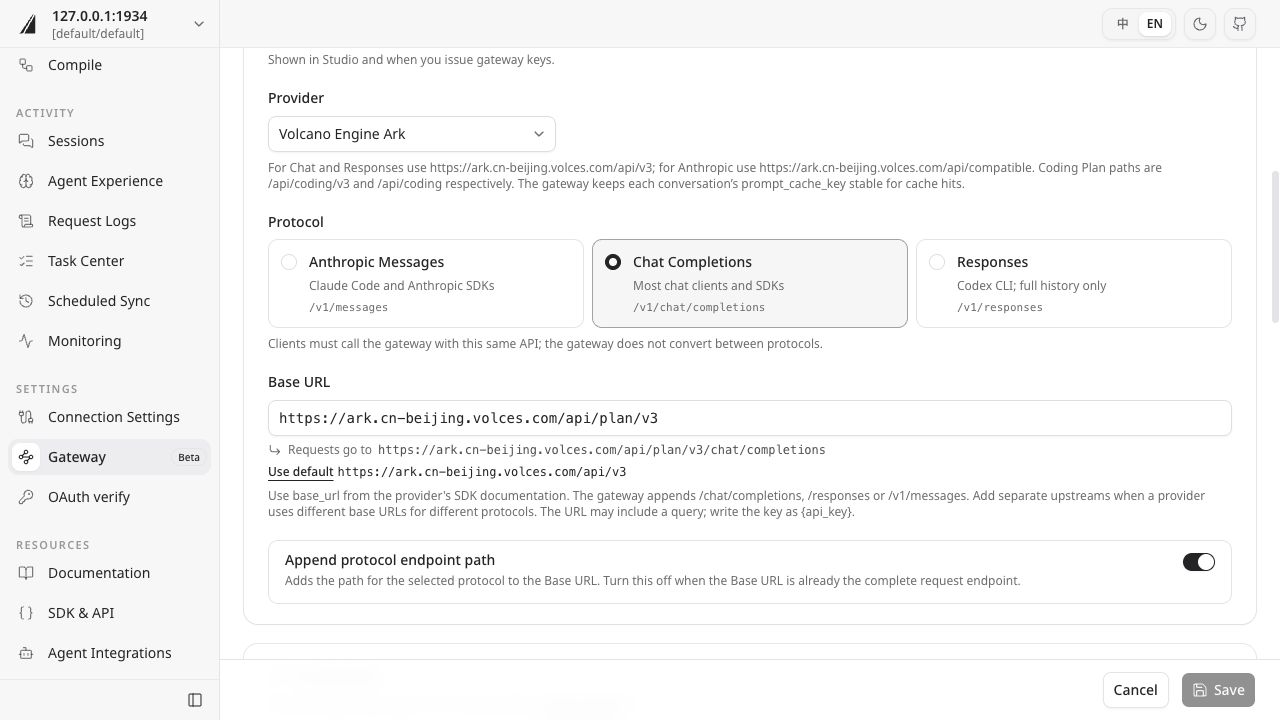 Studio upstream editor: select Chat Completions and check the Base URL