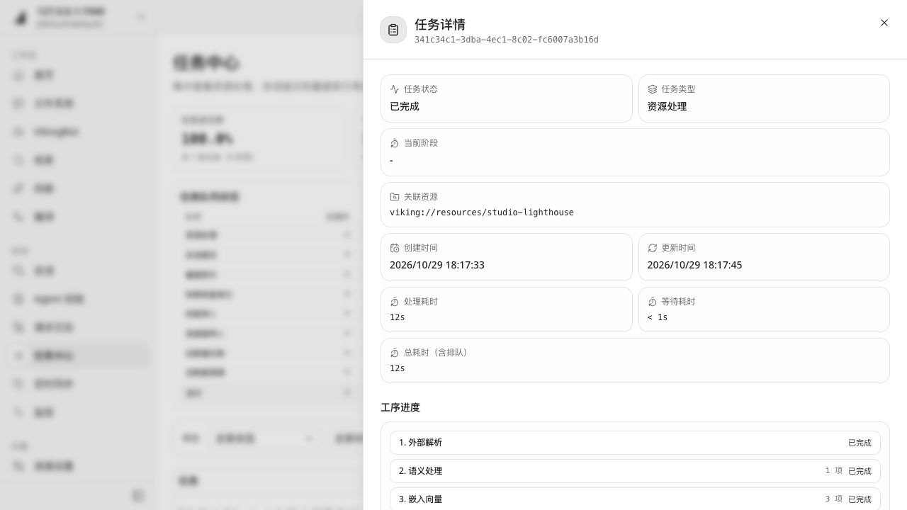 任务详情:资料处理完成,并显示解析、语义处理和嵌入向量进度